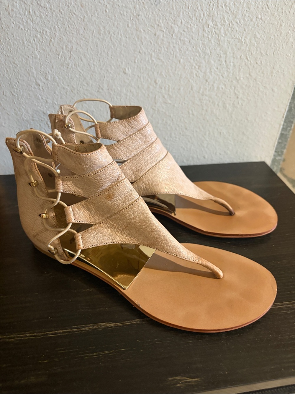 Vince Camuto Metallic Nude Gladiator Thong Sandals with Gold Accents